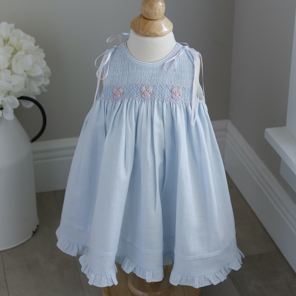 Smocked Linen Sundress Blue size 9 Months Luli & Me Embroidery Summer Vacation - Picture 5 of 5